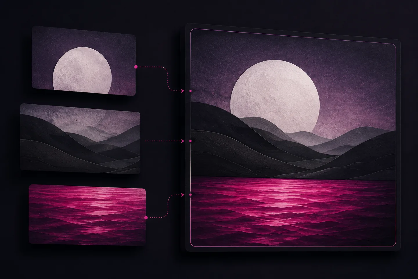 Three textured image fragments showing a pale moon, charcoal hills and magenta water combine into one framed landscape on a dark background.
